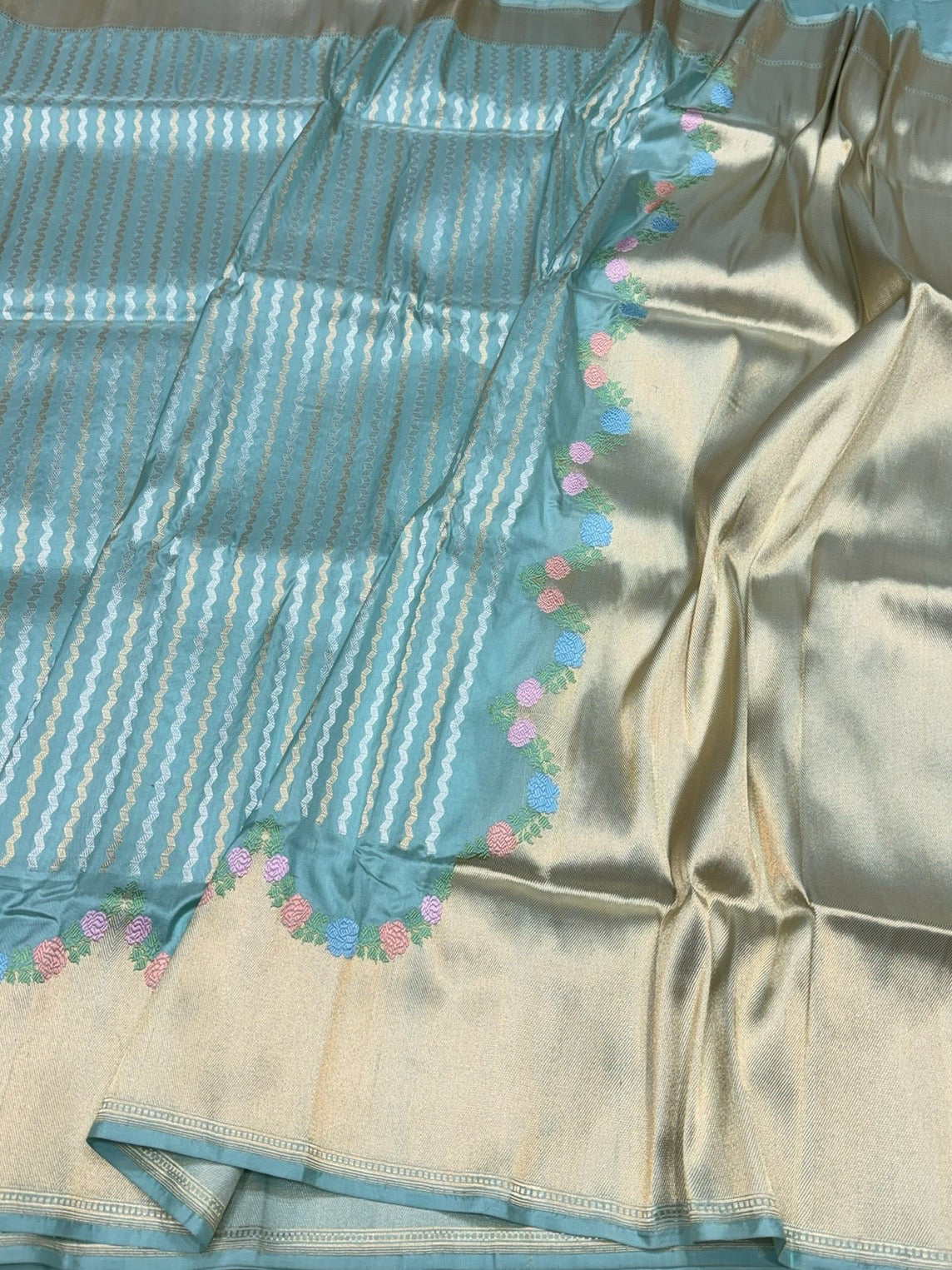 Powder Blue Handwoven Pure Banarasi Silk Saree – Kadwa Weave, Pure Katan-Mulberry Silk