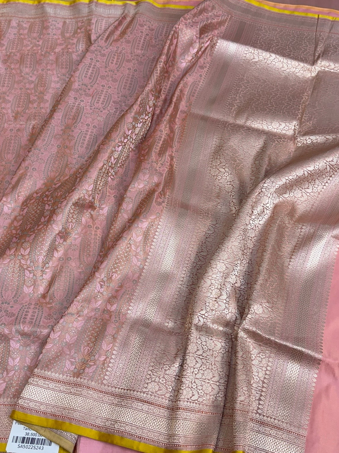 Peach Handwoven Pure Banarasi Satin Tanchoi Silk Saree