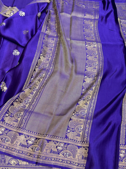 Purple Handwoven Pure Mashru Banarasi Satin Silk Saree – Kadwa Weave | Authentic Banaras Handloom