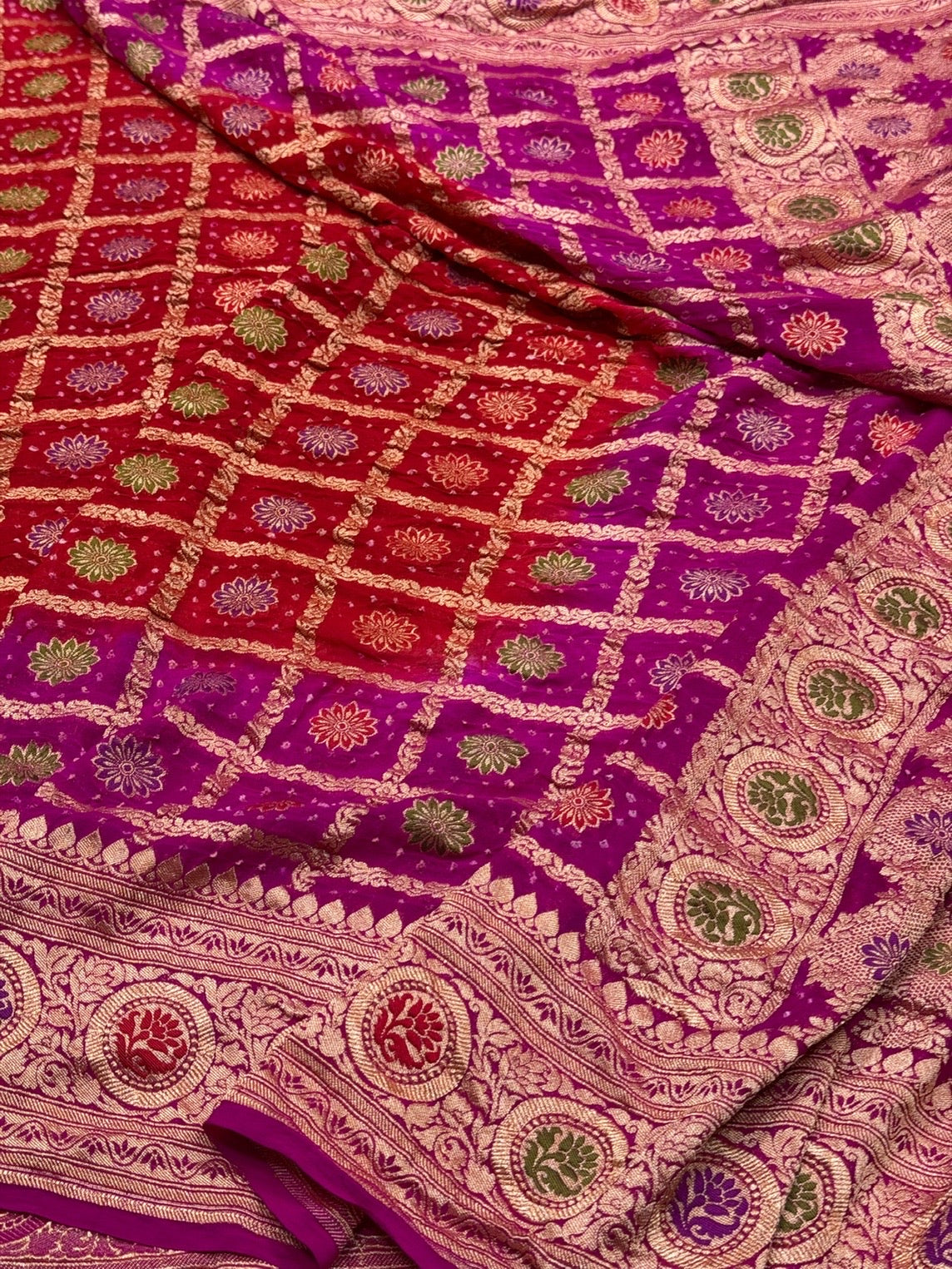 Rani Pink Banarasi Pure Bandhej Georgette Saree – Luxury Cutwork Brocade Wedding & Festive Saree