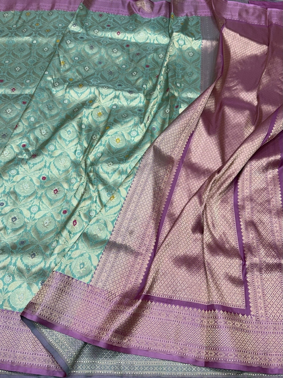 Powder Blue Handwoven Banarasi Pure Silk Brocade Saree with Red Satin Border – Luxurious Katan Silk