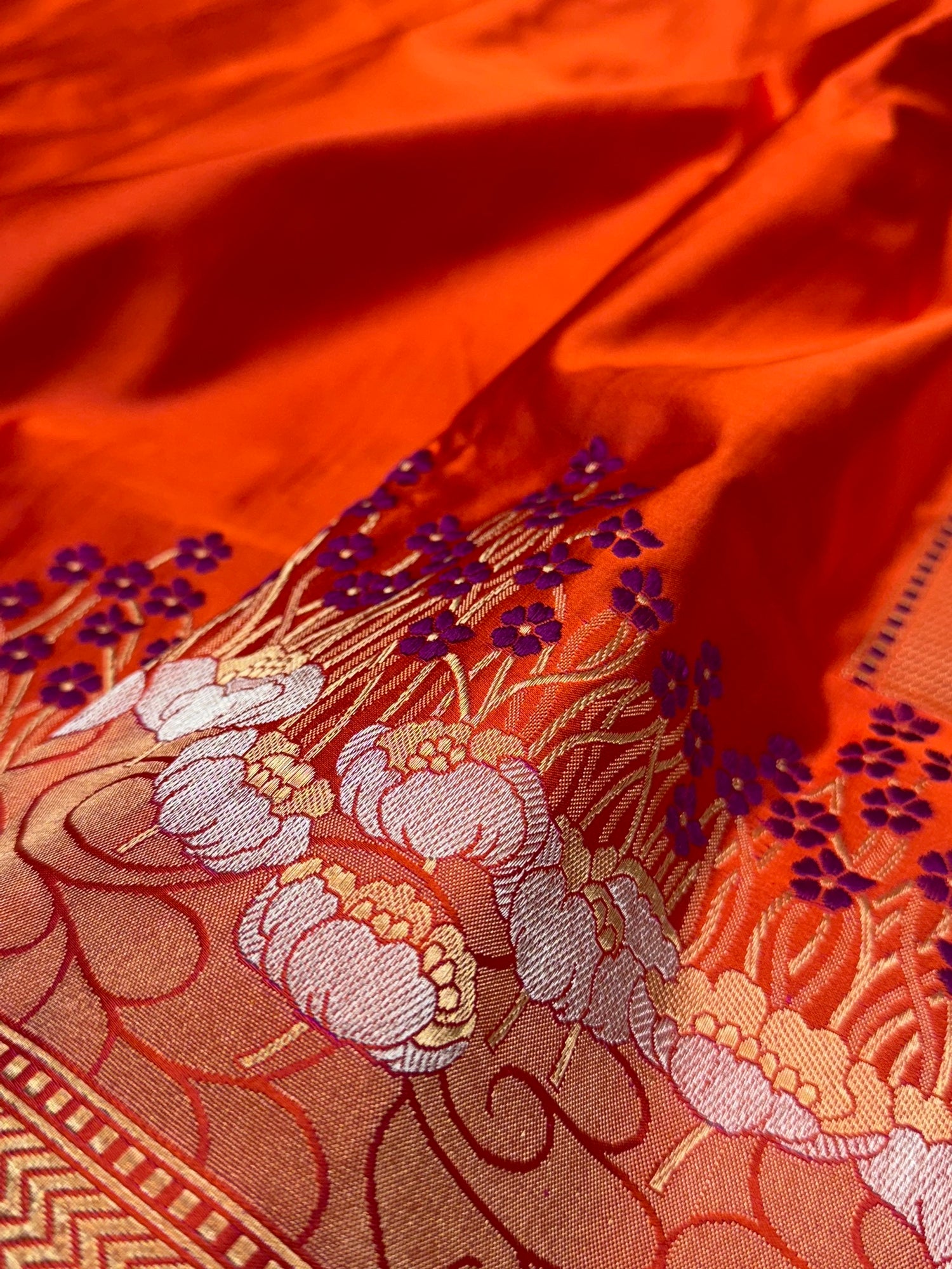 Orange Handwoven Pure Banarasi Satin Silk Saree – Kadwa Weave in 100% Satin Silk