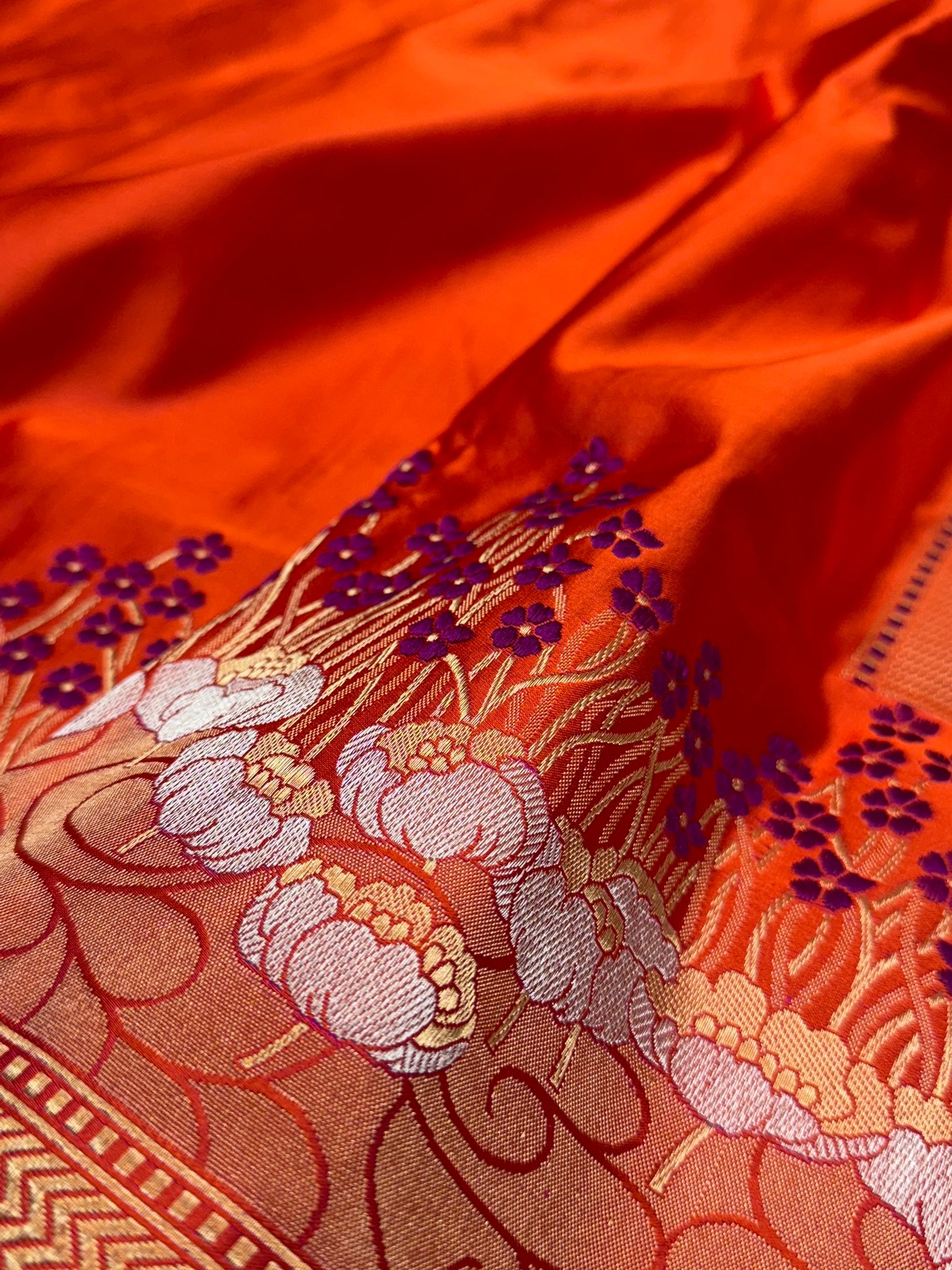 Orange Handwoven Pure Banarasi Satin Silk Saree – Kadwa Weave in 100% Satin Silk