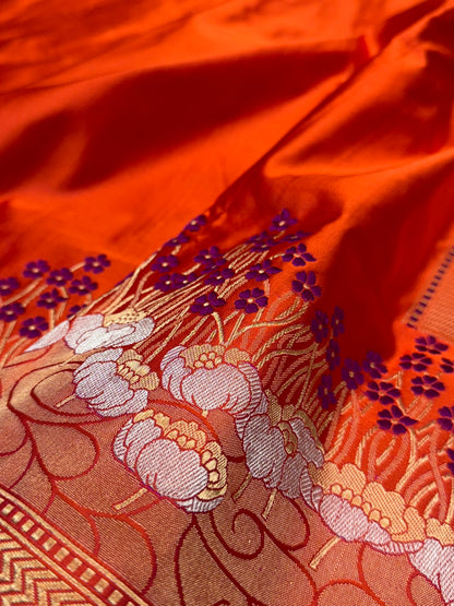 Orange Handwoven Pure Banarasi Satin Silk Saree – Kadwa Weave in 100% Satin Silk