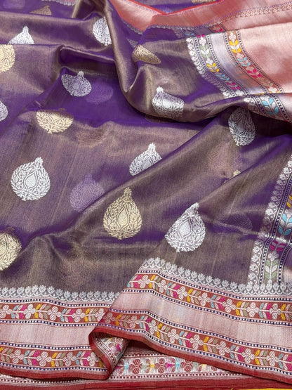 Purple Handwoven Pure Banarasi Tissue Saree