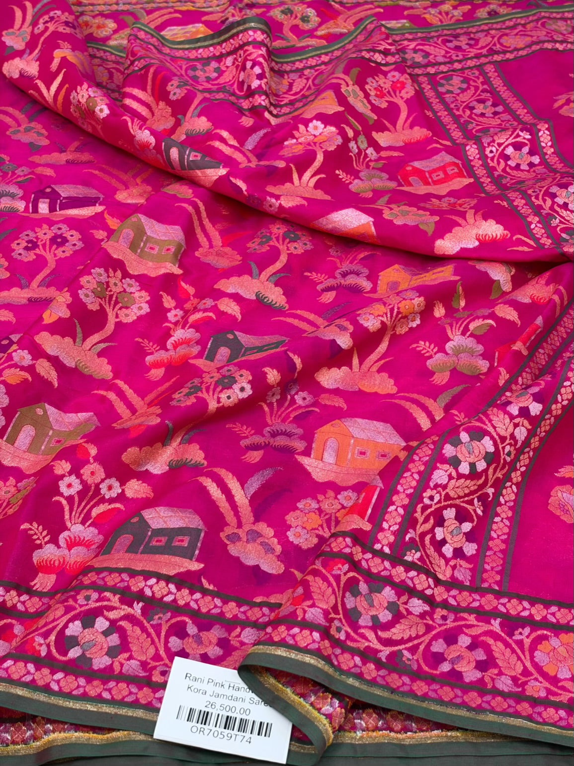 Rani Pink Banarasi Pure Kora Jamdani Saree