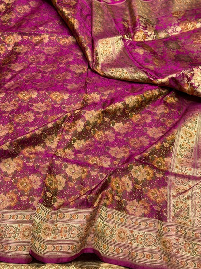 Rani Pink  Handwoven Pure Banarasi Satin Tanchoi Silk Saree