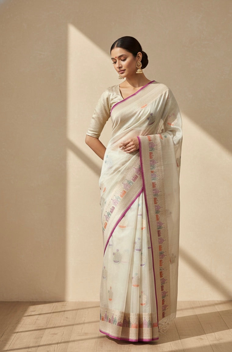 Ivory Handwoven Pure Banarasi Tissue Saree – Kadwa Weave, Pure Katan-Tissue Silk