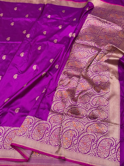 Magenta Pink Handwoven Pure Banarasi Silk Saree in Kadwa Weave | Authentic Katan Mulberry Silk
