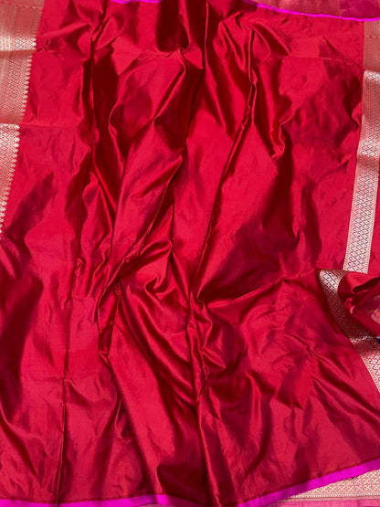 Red Handwoven Pure Banarasi Satin Tanchoi Silk Saree – 100% Pure Satin Silk, Kadwa Weave