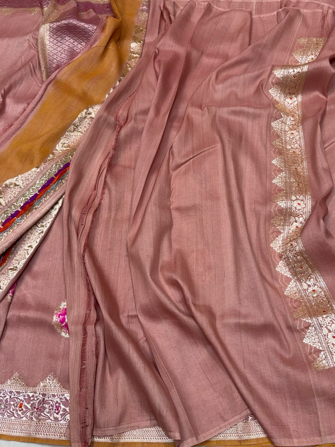 Peach handwoven Pure Tussar Georgette Saree