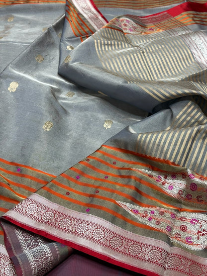 Grey Handwoven Pure Banarasi Ektara Tissue Saree | Lightweight Kadwa Katan Silk