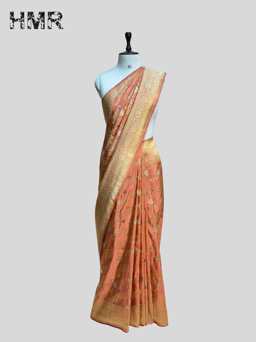 Peach Handwoven Pure Banarasi Tissue Silk Saree