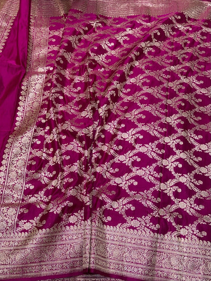 Rani Pink Handwoven Vintage Pure Banarasi Satin Silk Saree