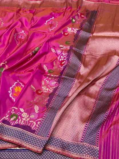Rani Pink Handwoven Pure Banarasi Ektara Silk Saree – Luxury Kadwa Weave