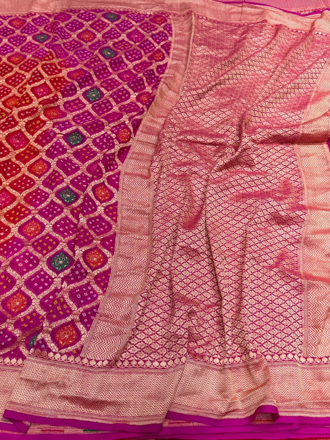 Rani Pink Banarasi Pure Bandhej Georgette Saree – Luxury Cutwork Brocade Wedding & Festive Saree