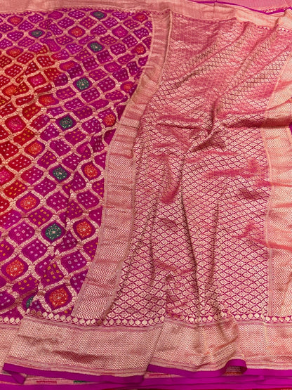 Rani Pink Banarasi Pure Bandhej Georgette Saree – Luxury Cutwork Brocade Wedding &amp; Festive Saree