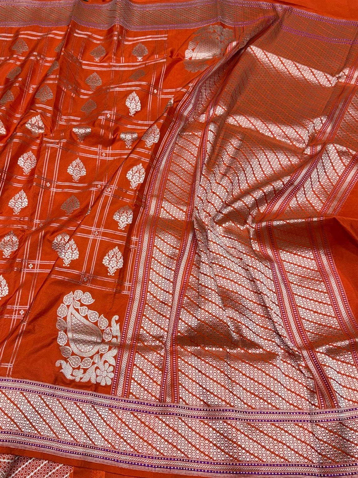 Orange Handwoven Pure Banarasi Silk Saree – Kadwa Katan Mulberry Silk | Authentic Banaras Handloom