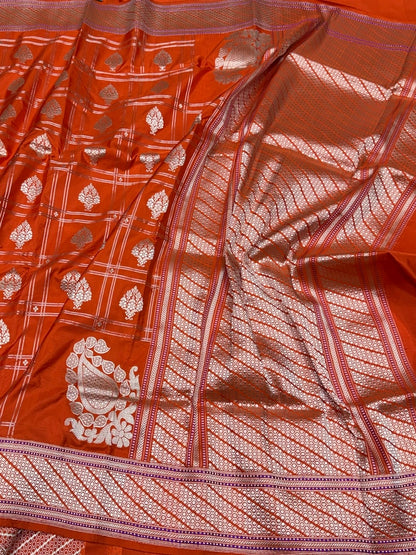 Orange Handwoven Pure Banarasi Silk Saree – Kadwa Katan Mulberry Silk | Authentic Banaras Handloom