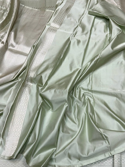 Mint Green Handwoven Pure Banarasi Satin Tanchoi Silk Saree – Cutwork Weave | Pure Satin Silk | Pastel Banarasi Elegance