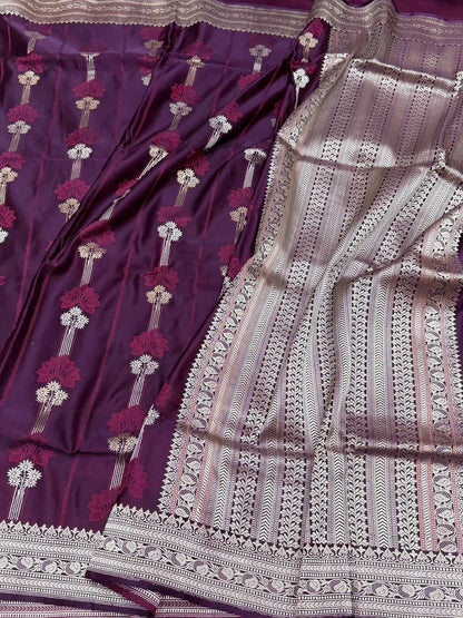 Majenta Handwoven Pure Banarasi Satin Tanchoi Silk Saree