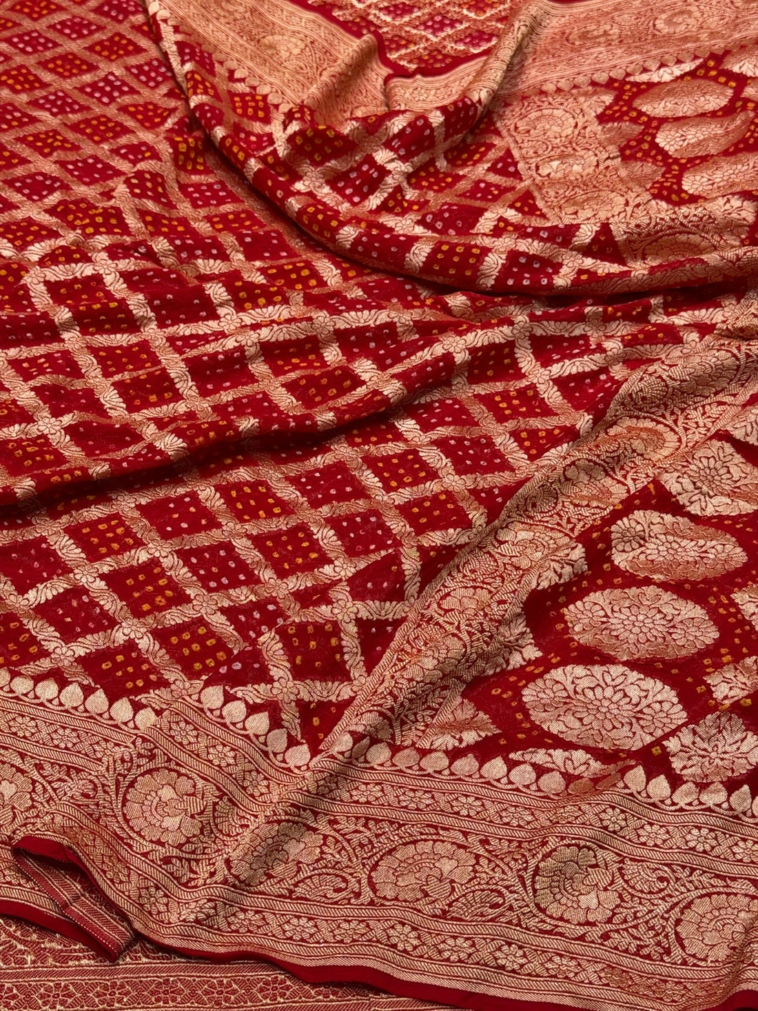 Red Banarasi Pure Bandhej Georgette Saree – Luxury Cutwork Brocade Festive Saree