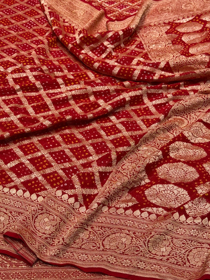 Red Banarasi Pure Bandhej Georgette Saree – Luxury Cutwork Brocade Festive Saree