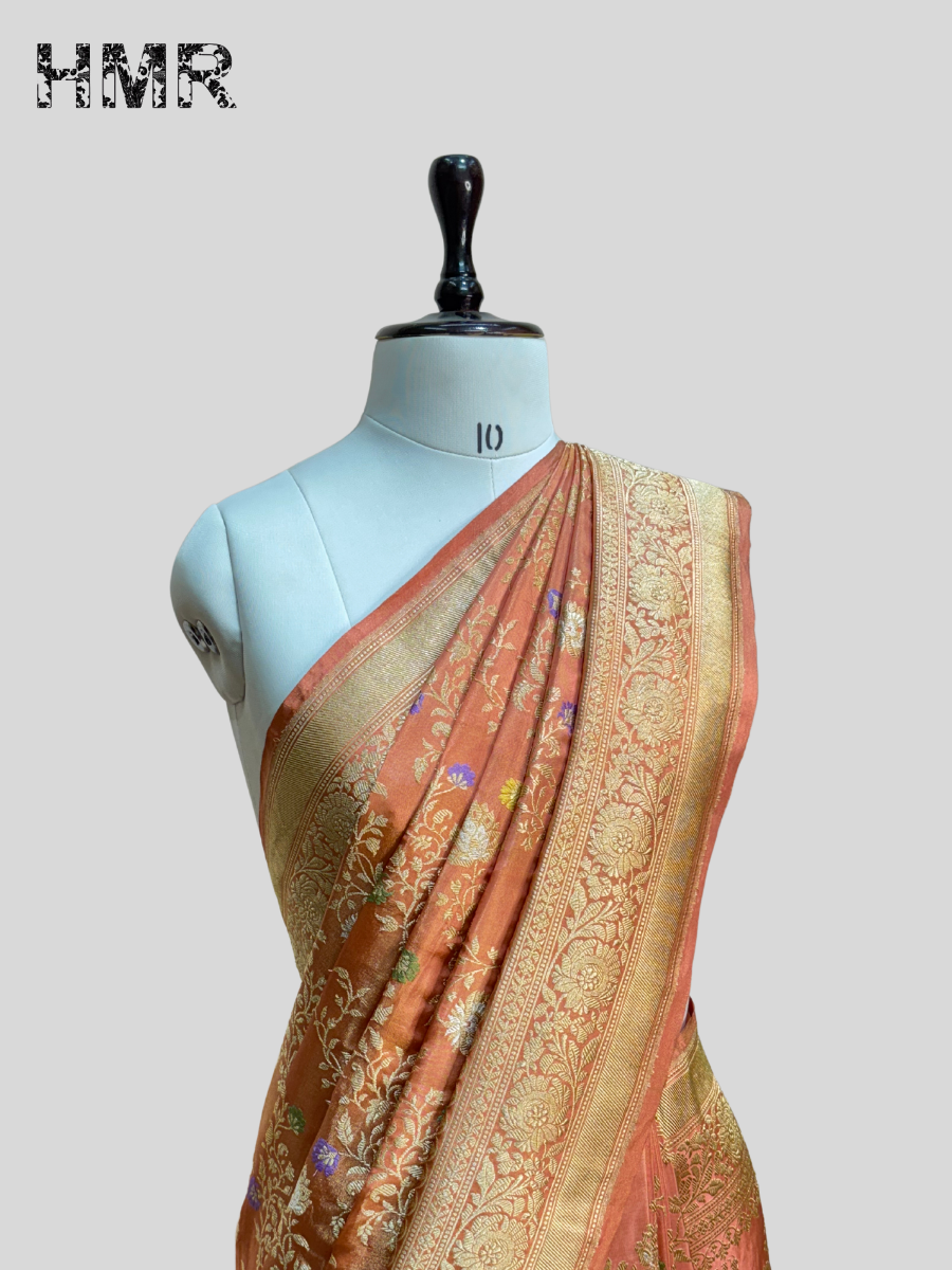 Peach Handwoven Pure Banarasi Tissue Silk Saree
