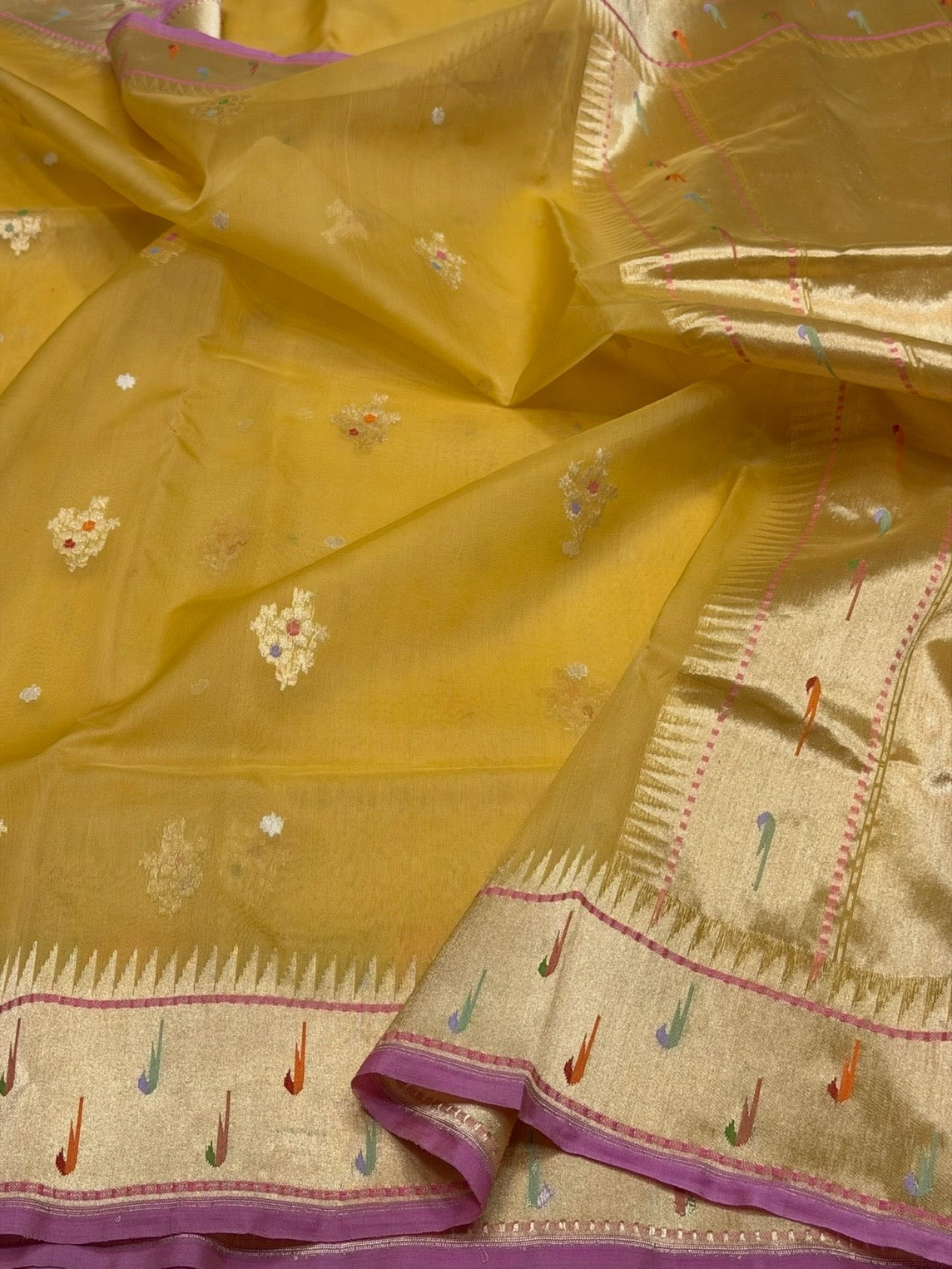 Yellow Handwoven Pure Organza Silk Saree