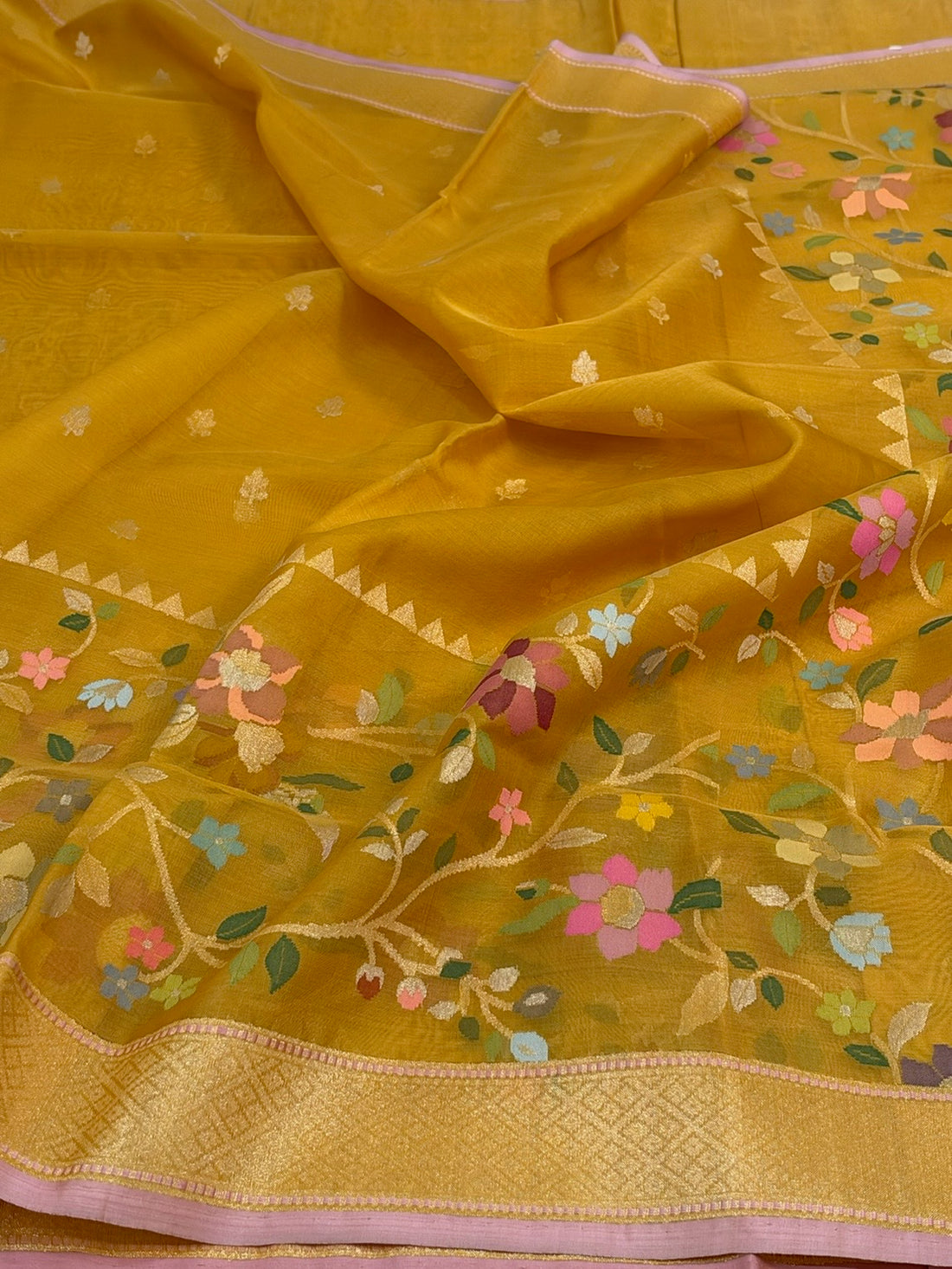 Mustard Yellow Handwoven Pure Banarasi Kora Jamdani Silk Saree