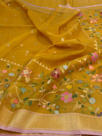 Mustard Yellow Handwoven Pure Banarasi Kora Jamdani Silk Saree