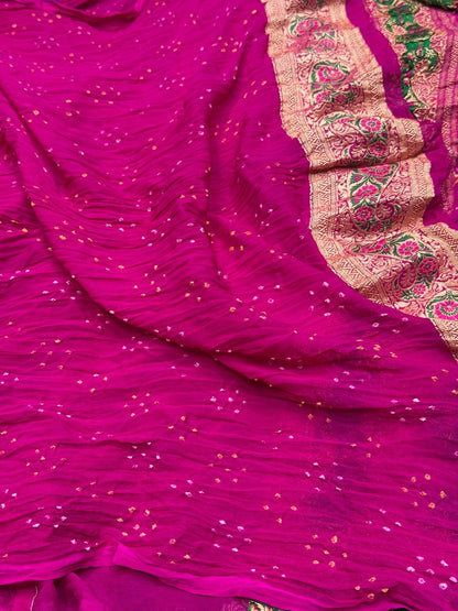 Rani Pink Banarasi Pure Bandhej Georgette Saree – Luxury Cutwork Brocade Festive Saree