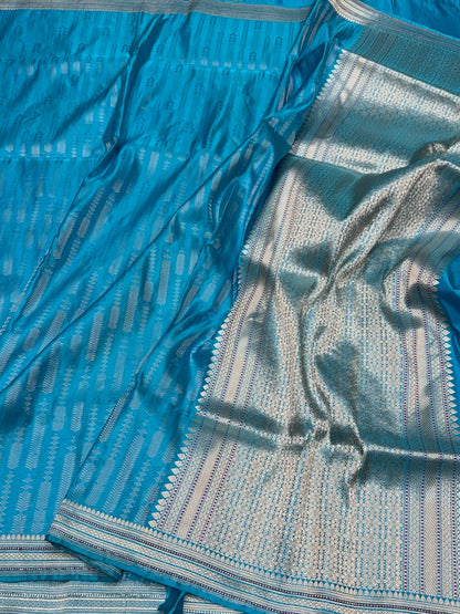 Sea Blue Handwoven Pure Banarasi Satin Tanchoi Silk Saree – Kadwa Weave | Authentic Banaras Handloom