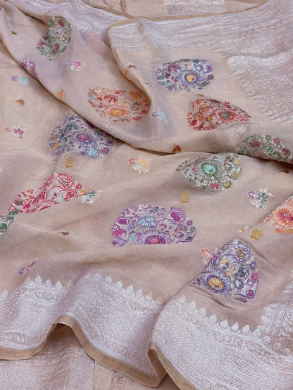 Blush Peach Handwoven Pure Tissue Tussar Georgette Saree