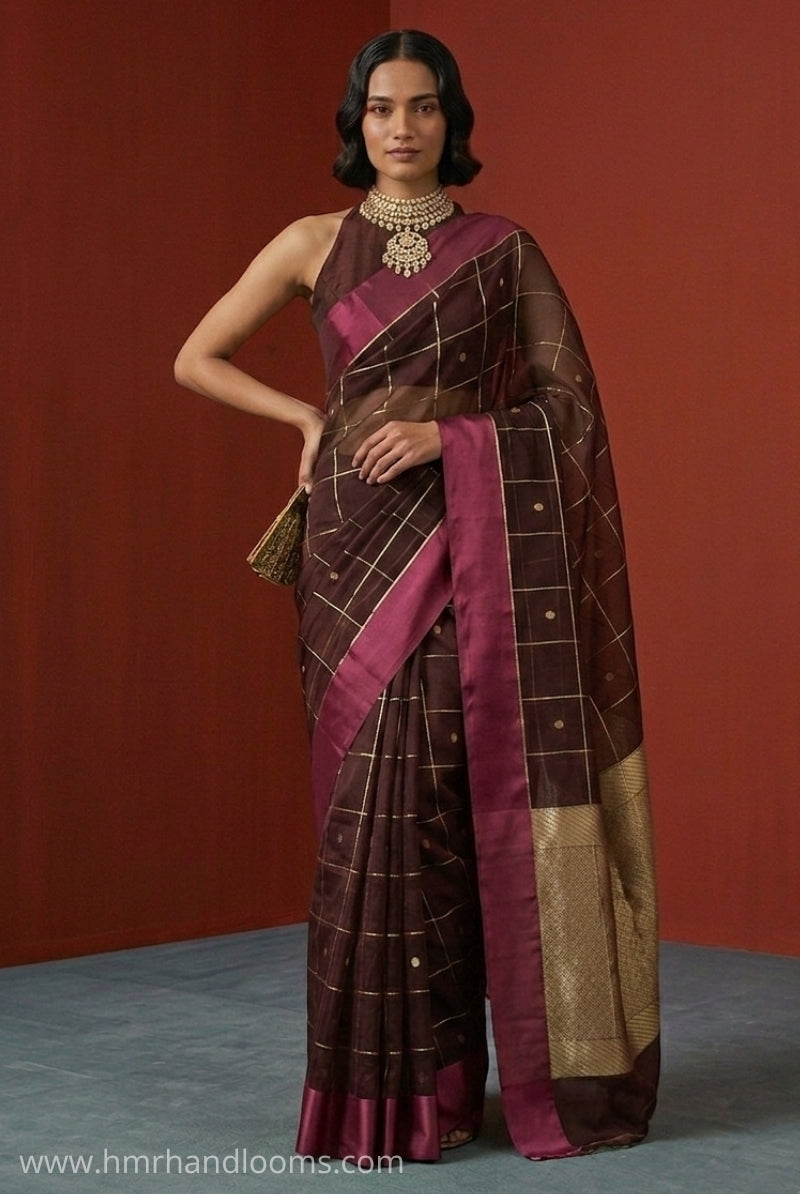 Wine Handwoven Pure Banarasi Organza Silk Saree