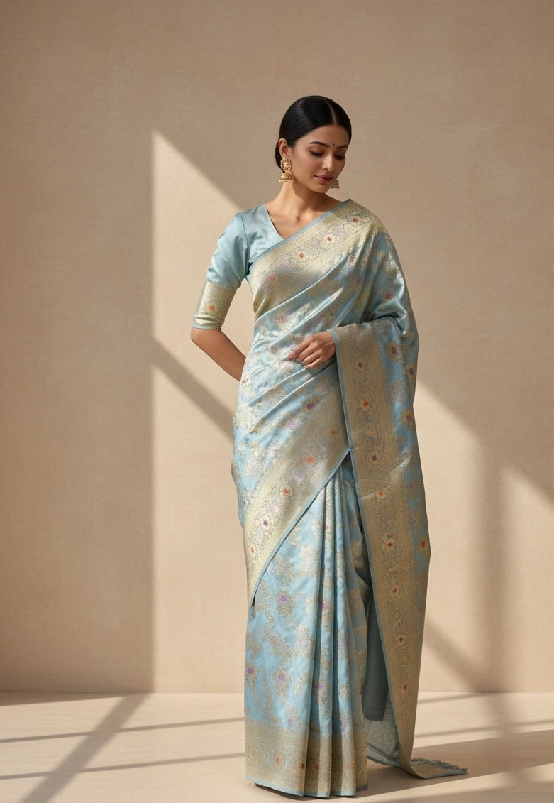 Powder Blue Handwoven Pure Banarasi Silk Saree | Pure Katan Silk | Kadwa Weave | HMR Handlooms