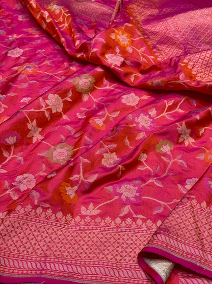 Orangish Pink Handwoven Pure Banarasi Ektara Silk Saree – Authentic Kadwa Weave