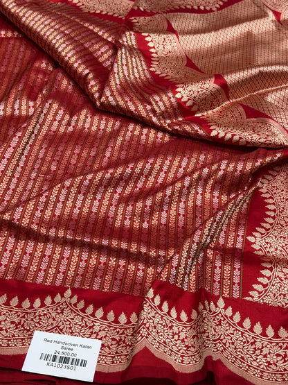 Red Handwoven Banarasi Scallop Border Katan Silk Saree – Luxury Kadwa Handloom