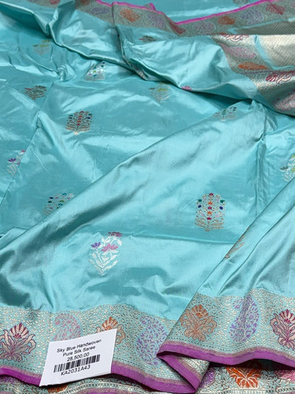 Sky Blue Handwoven Pure Banarasi Silk Saree | Pure Katan Silk | Kadwa Weave | HMR Handlooms