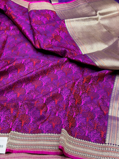 Purple Handwoven Pure Banarasi Satin Tanchoi Silk Saree