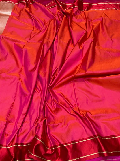 Orangish Pink Handwoven Pure Banarasi Satin Tanchoi Silk Saree