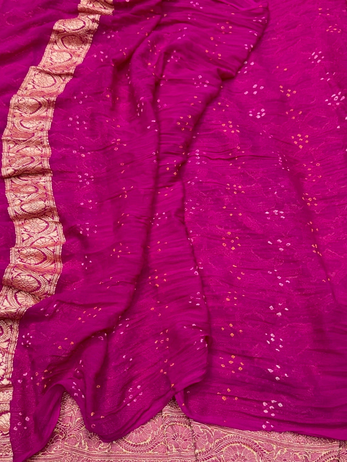 Rani Pink Banarasi Pure Bandhej Georgette Saree – Luxury Cutwork Brocade Festive Saree