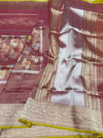 Deep Wine Red Handwoven Pure Banarasi Kora Tissue Saree