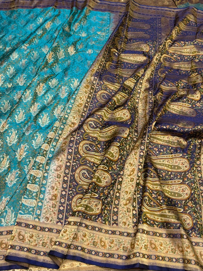 Sky Blue Handwoven Pure Banarasi Satin Tanchoi Silk Saree