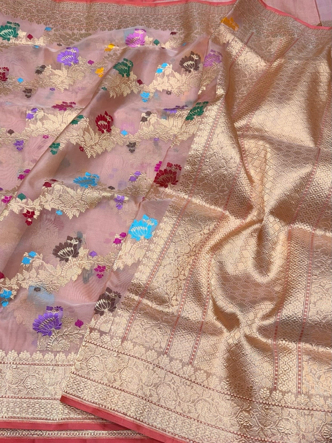 Peach Handwoven Pure BanarasiOrganza Silk Saree