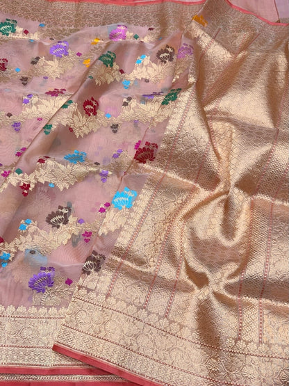 Peach Handwoven Pure BanarasiOrganza Silk Saree