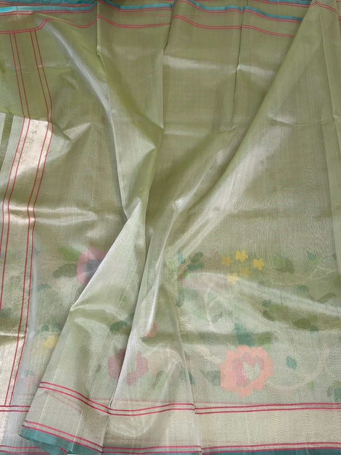 Pista Green Banarasi Pure Kora Tissue Jamdani Saree
