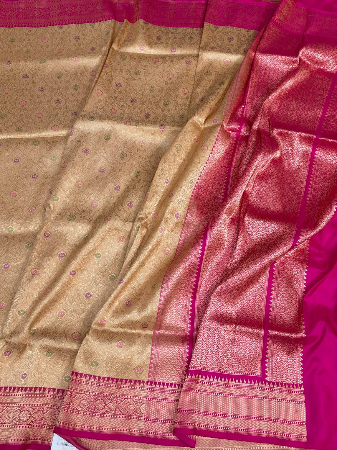 Beige Handwoven Banarasi Pure Silk Brocade Saree with Rani Pink Satin Border