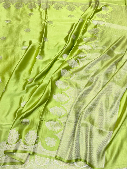 Parrot Green Handwoven Pure Mashru Banarasi Satin Silk Saree
