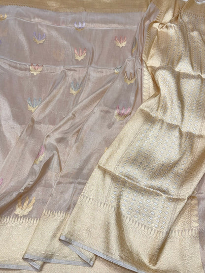 Rose Gold Handwoven Pure Banarasi Tissue Saree – Kadwa Weave in 100% Katan Tissue Silk